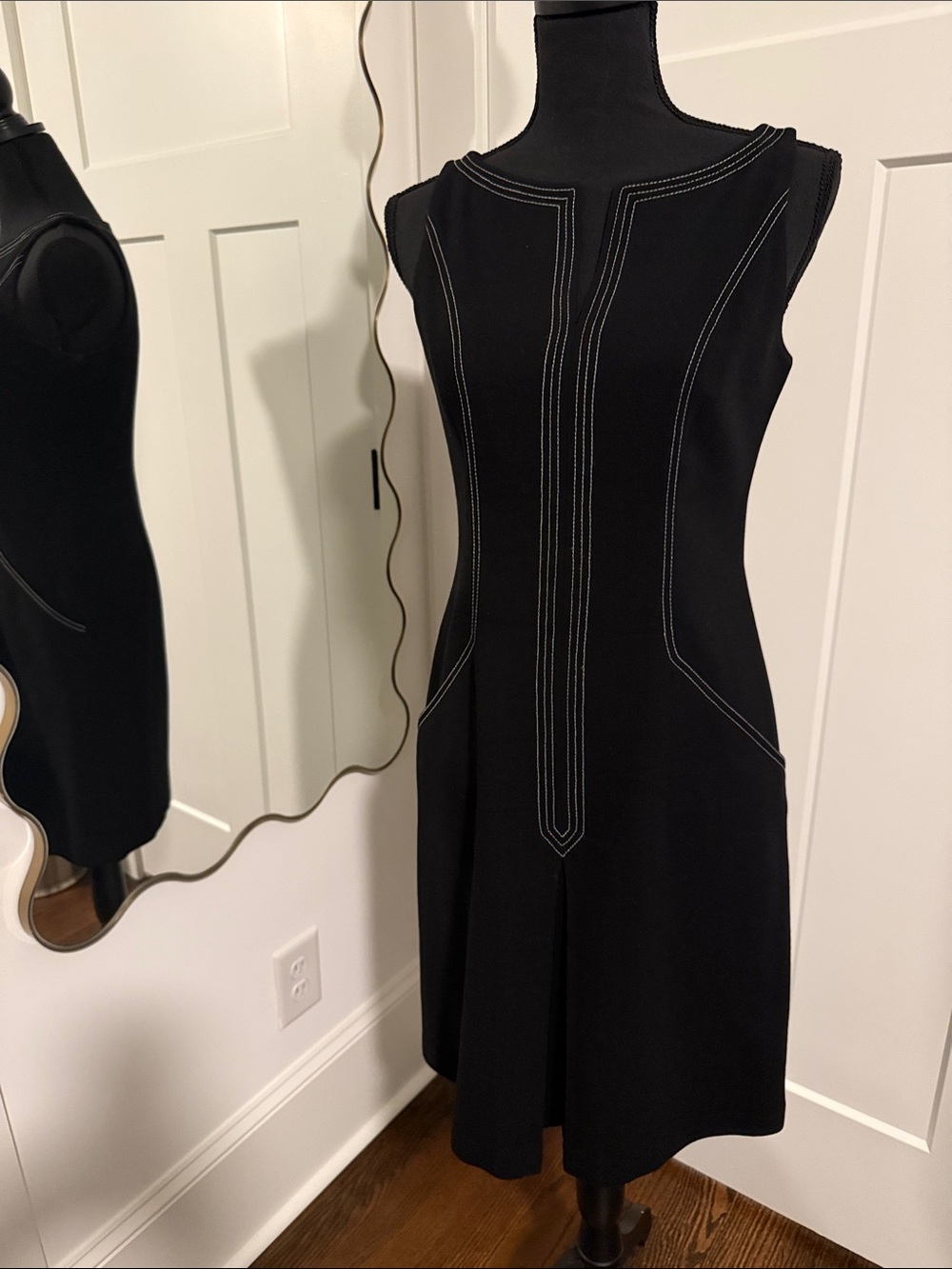 Carmen Marc Valvo Black Midi Dress with White Stitching